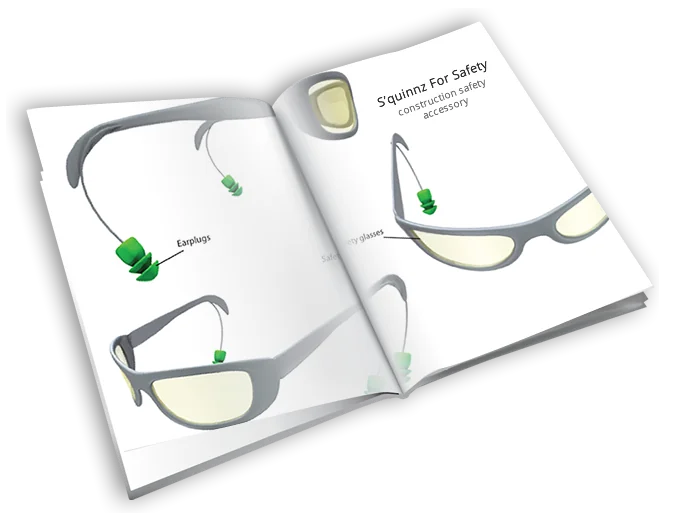 Open digital brochure showing safety glasses with attached earplugs